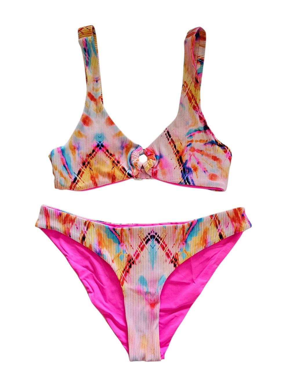 American Eagle Tinibikini Vibrant Tie-Dye Ribbed Bikini Set with Pink EUC